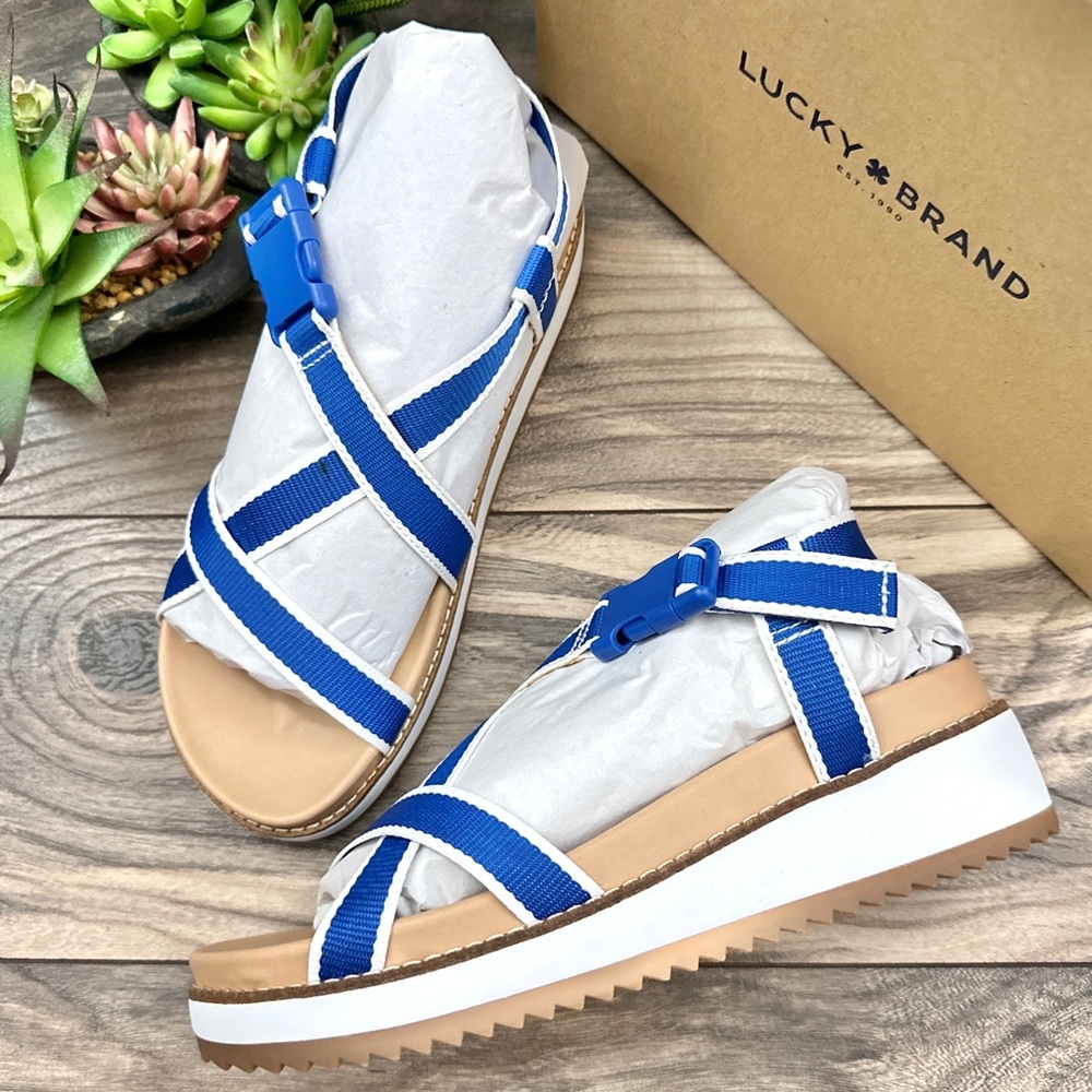NIB Lucky Brand Imbae Strappy Platform Wedge Sandal Classic Blue Textile 8M